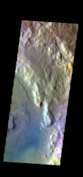 The THEMIS camera contains 5 filters. Data from different filters can be combined in many ways to create a false color image. This image from NASA's 2001 Mars Odyssey spacecraft shows part of the plains and craters in Terra Sirenum.