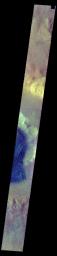 The THEMIS camera contains 5 filters. Data from different filters can be combined in many ways to create a false color image. This image from NASA's 2001 Mars Odyssey spacecraft shows part of the floor of Rabe Crater.