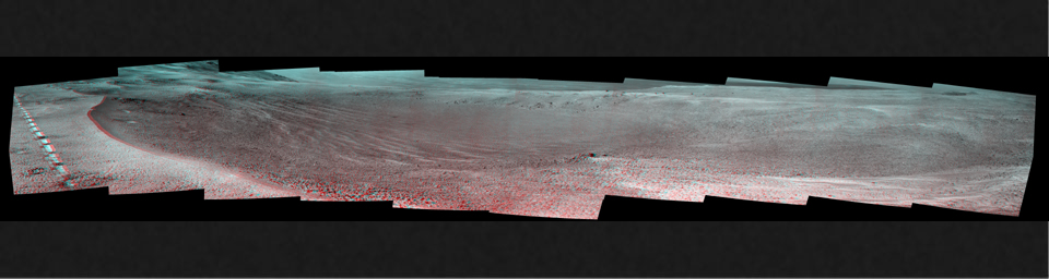 This stereo view of a small, relatively fresh crater on Mars combines images from NASA's Opportunity Mars rover. The rover paused beside the crater in April 2017, during the 45th anniversary of the Apollo 16 mission to the moon.