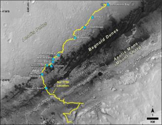 This map shows the route driven by NASA's Curiosity Mars rover, from the location where it landed in August 2012 to its location in July 2017, and its planned path to additional geological layers of lower Mount Sharp.