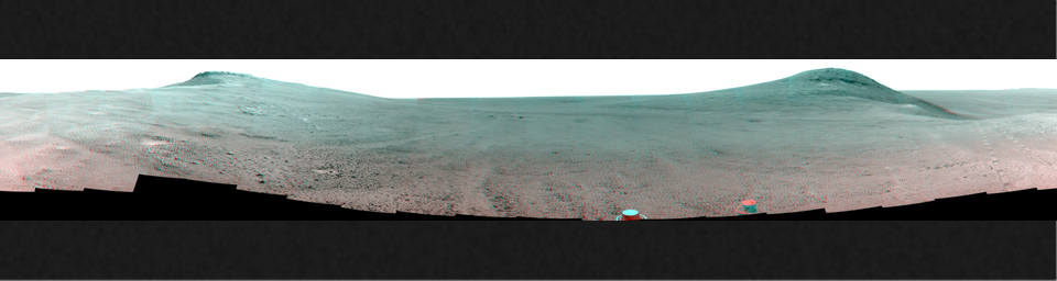 This June 2017 stereo view from NASA's Opportunity Mars rover shows the area just above 'Perseverance Valley' on the rim of a crater.