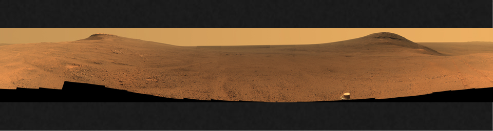 This June 2017 view from the Pancam on NASA's Opportunity Mars rover shows the area just above 'Perseverance Valley' on the western rim of Endeavour Crater.