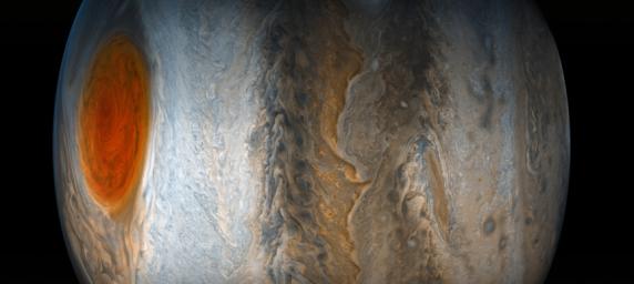 This striking Jovian vista was created by using data from the JunoCam imager on NASA's Juno spacecraft. The tumultuous Great Red Spot is fading from Juno's view while the dynamic bands of the southern region of Jupiter come into focus.