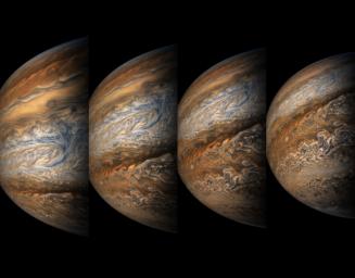 This series of enhanced-color images shows Jupiter up close and personal, as NASA's Juno spacecraft performed its eighth flyby of the gas giant planet on Sept. 1, 2017.