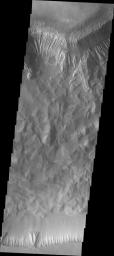 This image captured by NASA's 2001 Mars Odyssey spacecraft shows the part of the southern cliff face of Hebes Chasma a the bottom of the image.