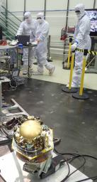 The Seismic Experiment for Interior Structure (SEIS) instrument for NASA's InSight mission to Mars undergoes a checkout in this photo taken July 20, 2017, in a Lockheed Martin clean room facility in Colorado.