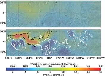 Re-analysis of data from a hydrogen-finding instrument on NASA's Mars Odyssey orbiter increased the resolution of maps of hydrogen abundance. The reprocessed data shows more 'water-equivalent hydrogen'in some parts of this equatorial region of Mars.