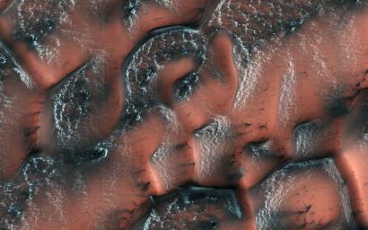 It is spring in the Northern hemisphere when NASA's Mars Reconnaissance Orbiter took this image. Over the winter, snow and ice (better known on Earth as dry ice) have inexorably covered the dunes.