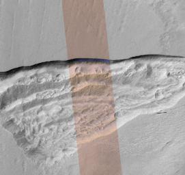 At this wedge-shaped pit on Mars, the steep slope (or scarp) at the northern edge exposes a cross-section of a thick sheet of underground water ice in this image from NASA's Mars Reconnaissance Orbiter.