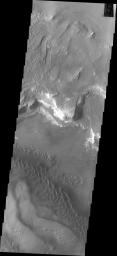 Melas Chasma is part of the largest canyon system on Mars, Valles Marineris. This image of the southern section of the canyon captured by NASA's 2001 Mars Odyssey spacecraft shows a large region of sand dunes.
