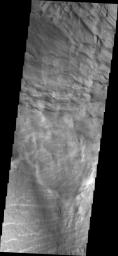 This image captured by NASA's 2001 Mars Odyssey spacecraft shows part of the border between Chandor and Melas Chasmata. The entire image is landslide deposits.