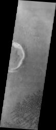 This image of Kaiser Crater from NASA's 2001 Mars Odyssey spacecraft shows the central part of the crater floor. At the bottom of the image there is a topographic rise.