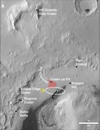 This image of the northwestern portion of Mars' Gale Crater and terrain north of it, from the ESA's Mars Express orbiter, provides a locator map for some features visible in an October 2017 panorama from NASA's Curiosity Mars rover.