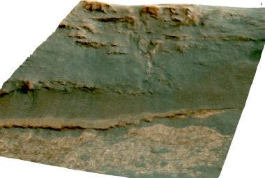 The channel descending a Martian slope in this perspective view is 'Perseverance Valley,' the study area of NASA's Mars Exploration Rover Opportunity as the rover passes its 5,000th sol, or Martian day, of its mission on the surface of Mars.