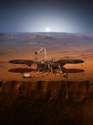 This image is an artist's impression of NASA's InSight lander on Mars. InSight will look for tectonic activity and meteorite impacts.