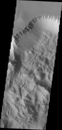 This section of the canyon floor of Ius Chasma has been completely filled by blocky deposits from large volume landslides. A landslide is a failure of slope due to gravity. This image was captured by NASA's 2001 Mars Odyssey spacecraft.
