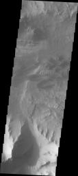 This image captured by NASA's 2001 Mars Odyssey spacecraft shows part of eastern Ius Chasma. The lower elevations of Geryon Montes are located at the top of the image.
