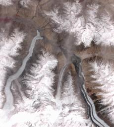 This image from NASA's Terra spacecraft shows the Khurdopin Glacier in Pakistan. A large lake has formed in the Shimshal River, where the glacier has formed a dam.