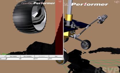 Planning software used to write commands for NASA's Opportunity Mars rover shows the motion of the robotic arm, and an inset view of the Microscopic Imager.