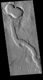 The northern margins of Arabia Terra and Terra Sabaea contain many unnamed channels. This channel is located in Terra Sabaea. The channel flow is toward the top of this image from NASA's 2001 Mars Odyssey spacecraft.