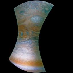 This image NASA's Juno spacecraft captures the dynamic nature of Jupiter's northern temperate belt. The view reveals a white, oval-shaped anticyclonic storm called WS-4.