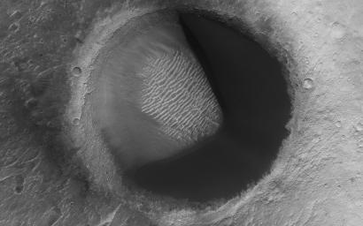 This image from NASA's Mars Reconnaissance Orbiter shows barchan sand dunes, common on Mars often forming vast dune fields within very large (tens to hundreds of km) impact basins. The regions upwind of barchans are usually devoid of sandy bedforms.