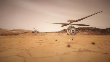 This artist concept shows the Mars Helicopter, a small, autonomous rotorcraft, which will travel with NASA's Mars 2020 rover mission to demonstrate the viability and potential of heavier-than-air vehicles on the Red Planet.