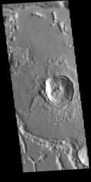This image from NASA's Mars Odyssey shows an unnamed crater in Noachis Terra. The crater is relatively young, with several different structures on the floor and rim still visible.