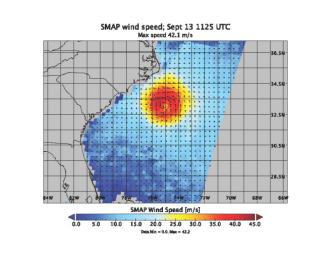 This image from NASA's SMAP shows wind estimates over Hurricane Florence on Sept. 13, 2018. The hurricane has weakened from the 12th to the 13th; however, the overall size and energy of the storm has increased.