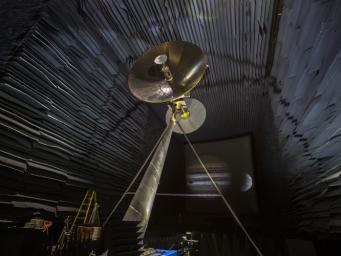 This image shows a full-scale prototype of the high-gain antenna on NASAs Europa Clipper spacecraft, undergoing testing in the Experimental Test Range at Langley Research Center in Hampton, Virginia.