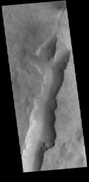 This image from NASA's Mars Odyssey shows a large linear depression in the center of an unnamed crater in Noachis Terra. This crater and the nearby Maunder and Asimov craters share this odd morphology.
