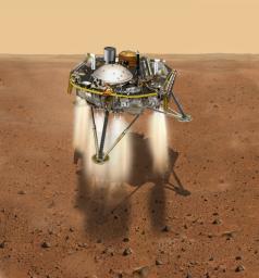 This is an illustration showing a simulated view of NASA's InSight about to land on the surface of Mars. This view shows the top of the spacecraft.