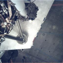This image of a footpad on NASA's Insight lander was taken by the Instrument Deployment Camera during the assembly, test and launch operations phase.
