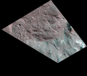 This stereo view, called an anaglyph, of lava flows on the floor of Occator Crater on Ceres was obtained by NASA's Dawn spacecraft from an altitude of about 38 miles (61 kilometers).