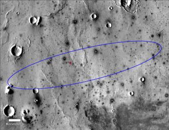 This image shows the final landing location of NASA's InSight lander in this annotated image of the surface of Mars, taken by the THEMIS camera on NASA's 2001 Mars Odyssey orbiter in 2015.