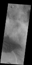 This image from NASA's Mars Odyssey shows Halley Crater, located on the western side of Argyre Planitia. Sand dunes cover part of the crater floor.