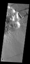 This image from NASA's Mars Odyssey shows linear depressions, called graben, are part of Sirenum Fossae.