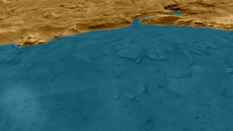 This artist's concept depicts an aerial view of what the Jezero Crater area of Mars may have looked like billions of years ago.