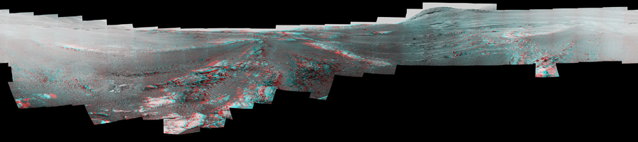 This image is an anaglyph version of the last 360-degree panorama taken by the Opportunity rover's Pancam from May 13 through June 10, 2018. The panorama appears in 3D when seen through blue-red glasses with the red lens on the left.