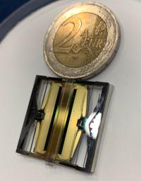 This image shows a copy of one of the sensors on NASA InSight's seismometer, compared to a 2-euro coin (about 1 inch wide).
