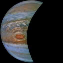 A 'brown barge' in Jupiter's South Equatorial Belt is captured in this color-enhanced image from NASA's Juno spacecraft.
