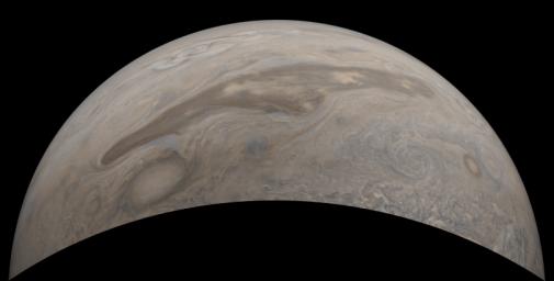 The southern edge of Jupiter's north polar region is captured in this view from NASA's Juno spacecraft.