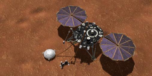 This artist's concept shows NASA's InSight lander with its instruments deployed on the Martian surface. Several of the sensors used for studying Martian weather are visible on its deck.