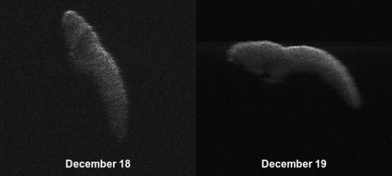 These two radar images of near-Earth asteroid 2003 SD220 were obtained on Dec. 18 and 19. The radar images reveal the asteroid is at least one mile (1.6 kilometers) long.