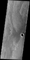 This image from NASA's Mars Odyssey shows a small portion of Daedalia Planum. The lava flows the comprise this large lava plain originated at Arsia Mons, one of the large Tharsis volcanoes.