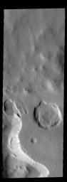 This image from NASA's Mars Odyssey shows part of an unnamed crater in Noachis Terra. Several craters in the southern hemisphere contain floor fill that has subsequently been eroded to form depressions in the fill material.