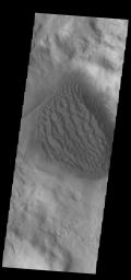 This image from NASA's Mars Odyssey shows the sand deposit on the floor of Matara Crater. The deposit is thick enough to hide the underlying crater floor creating a sheet of sand.