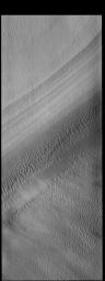 This image from NASA's Mars Odyssey shows the South Polar cap. The linear features are the steep side of a polar trough.