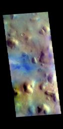 This image from NASA's Mars Odyssey shows part of northern Terra Sabaea. Blue tones in false color images usually indicate basaltic sand.