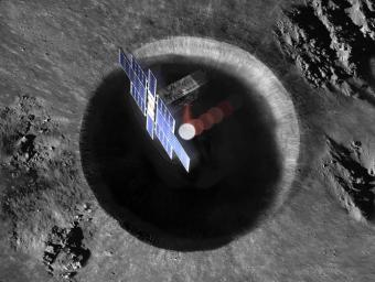 This artist's concept shows a view from above the Lunar Flashlight spacecraft, a six-unit CubeSat designed to search for ice on the Moon's surface using special lasers.